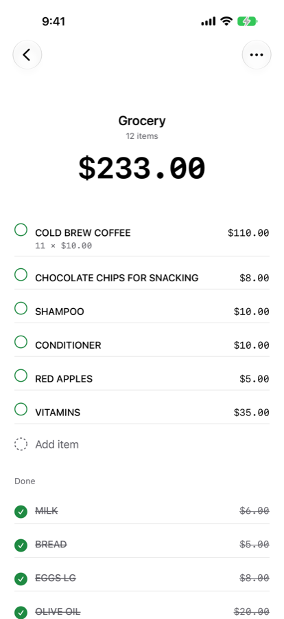 A List Total grocery list with a running total of $233.00