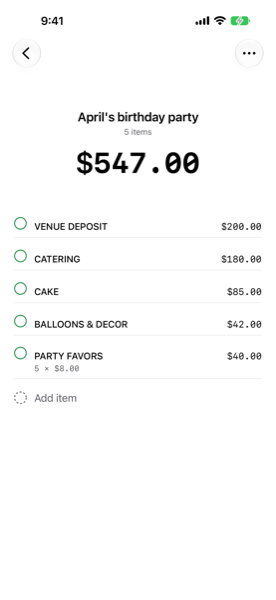 A party planning list in List Total totaling $547.00